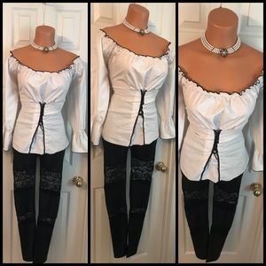 White/Black Pin Striped BarMaid Off Shoulder Top
